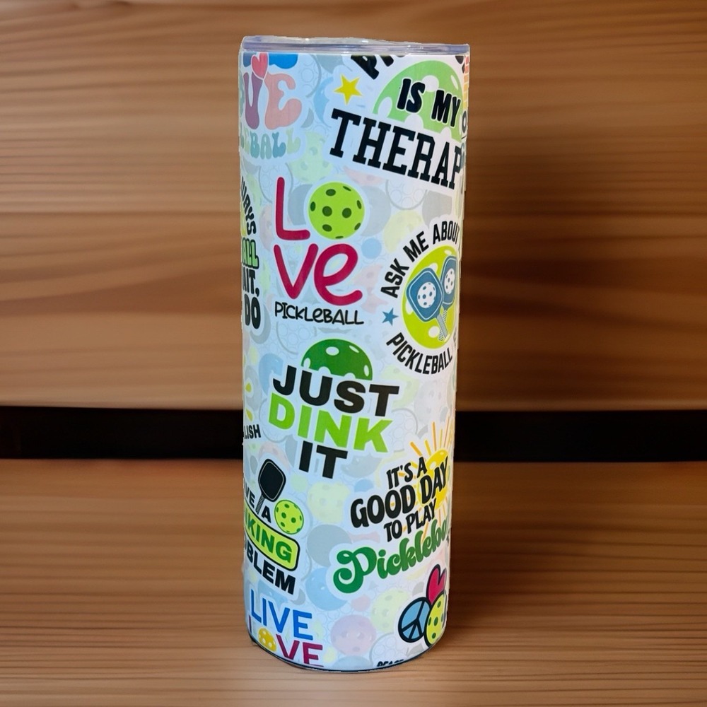 Pickleball 20oz White Drink Tumbler w/ Slide-Lock Lid Sport Gift, Funny Wording